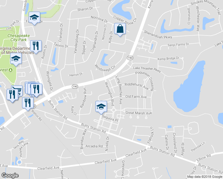 map of restaurants, bars, coffee shops, grocery stores, and more near 1117 Warrington Boulevard in Chesapeake