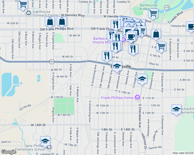 map of restaurants, bars, coffee shops, grocery stores, and more near 815 Southwest Jennings Avenue in Bartlesville