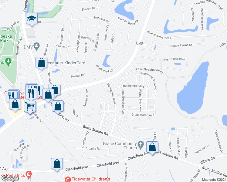map of restaurants, bars, coffee shops, grocery stores, and more near 1117 Warrington Boulevard in Chesapeake