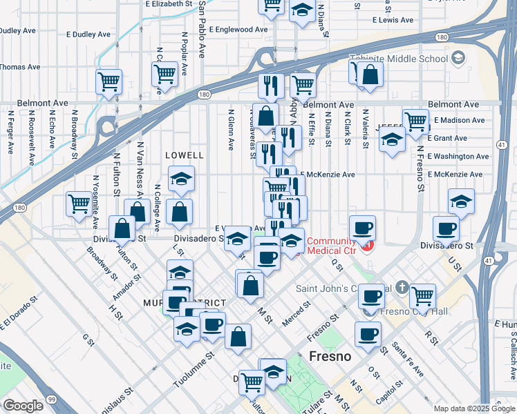 map of restaurants, bars, coffee shops, grocery stores, and more near 224 North Calaveras Street in Fresno