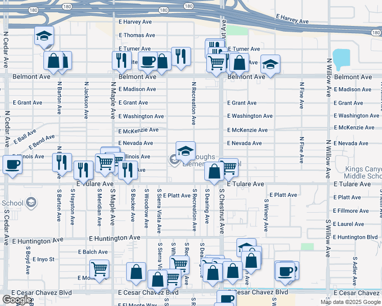 map of restaurants, bars, coffee shops, grocery stores, and more near 4740 East Nevada Avenue in Fresno
