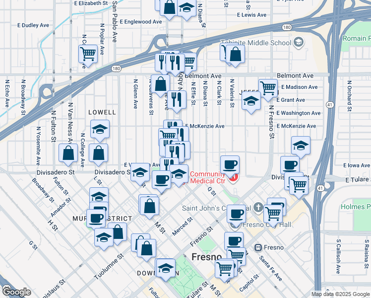 map of restaurants, bars, coffee shops, grocery stores, and more near 215 North Effie Street in Fresno