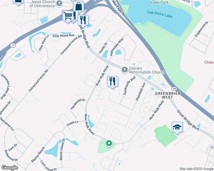 map of restaurants, bars, coffee shops, grocery stores, and more near 716 Rapidan River Court in Chesapeake