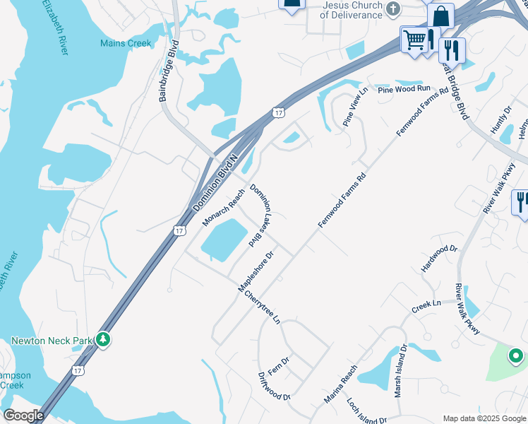 map of restaurants, bars, coffee shops, grocery stores, and more near 1328 Dominion Lakes Boulevard in Chesapeake