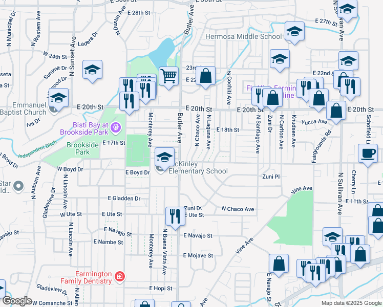 map of restaurants, bars, coffee shops, grocery stores, and more near 1509 North Chaco Avenue in Farmington