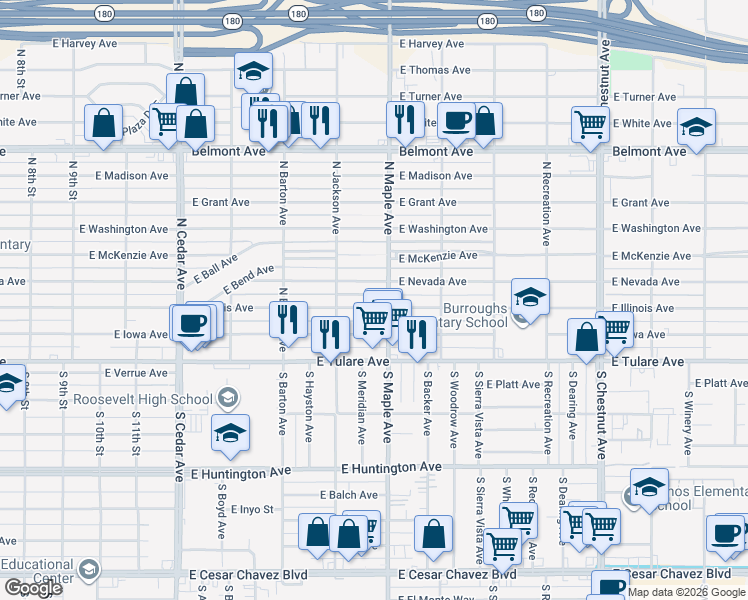 map of restaurants, bars, coffee shops, grocery stores, and more near 4576 East Nevada Avenue in Fresno