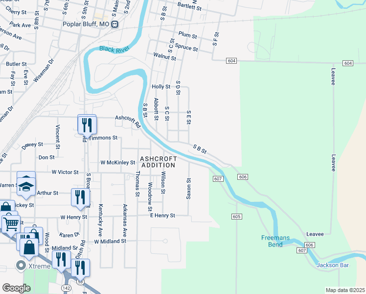 map of restaurants, bars, coffee shops, grocery stores, and more near 16665 Highway 67 North in Poplar Bluff