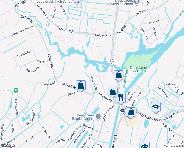 map of restaurants, bars, coffee shops, grocery stores, and more near 135 Westonia Road in Chesapeake