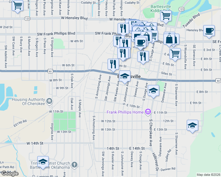 map of restaurants, bars, coffee shops, grocery stores, and more near 809 South Keeler Avenue in Bartlesville