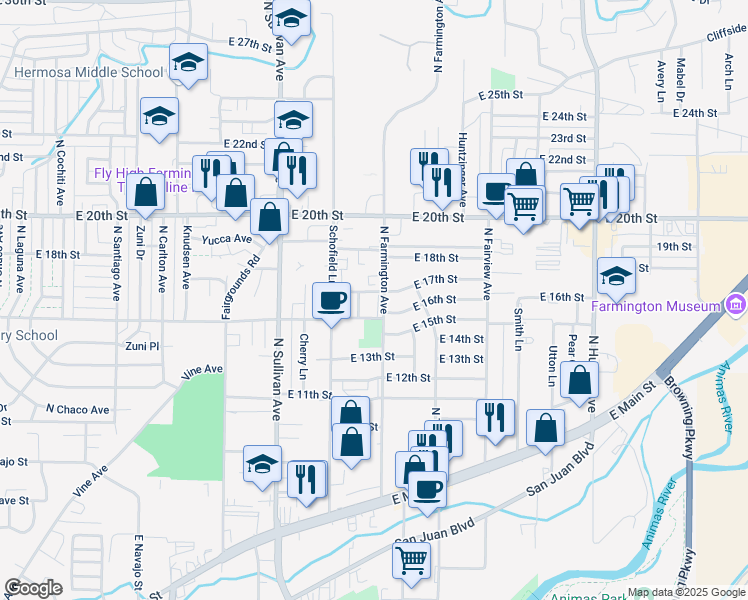map of restaurants, bars, coffee shops, grocery stores, and more near 1631 Farmington Avenue in Farmington