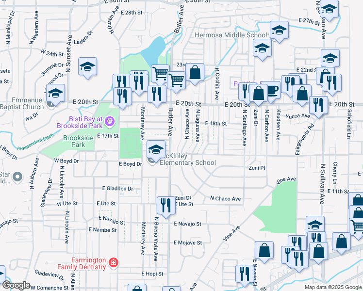 map of restaurants, bars, coffee shops, grocery stores, and more near 1509 North Chaco Avenue in Farmington
