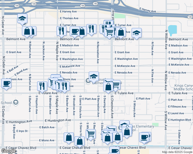 map of restaurants, bars, coffee shops, grocery stores, and more near 4740 East Nevada Avenue in Fresno