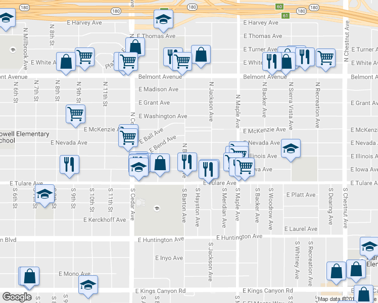 map of restaurants, bars, coffee shops, grocery stores, and more near 4512 East Nevada Avenue in Fresno