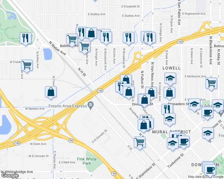 map of restaurants, bars, coffee shops, grocery stores, and more near 163 North Echo Avenue in Fresno