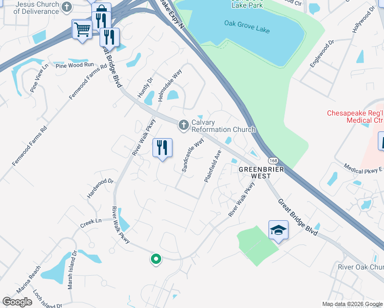 map of restaurants, bars, coffee shops, grocery stores, and more near 624 Sandcastle Way in Chesapeake