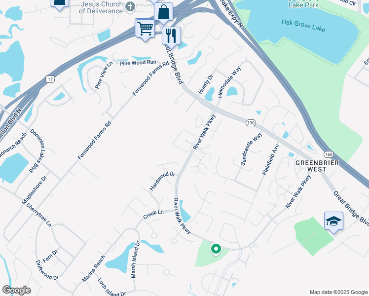map of restaurants, bars, coffee shops, grocery stores, and more near 880 Rivanna River Reach in Chesapeake