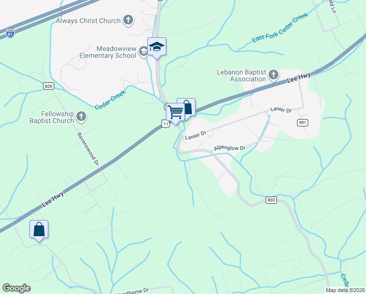 map of restaurants, bars, coffee shops, grocery stores, and more near 14261 Cedar Creek Road in Meadowview
