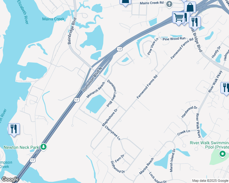 map of restaurants, bars, coffee shops, grocery stores, and more near 1328 Dominion Lakes Boulevard in Chesapeake