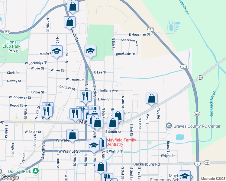 map of restaurants, bars, coffee shops, grocery stores, and more near Indiana Avenue in Mayfield