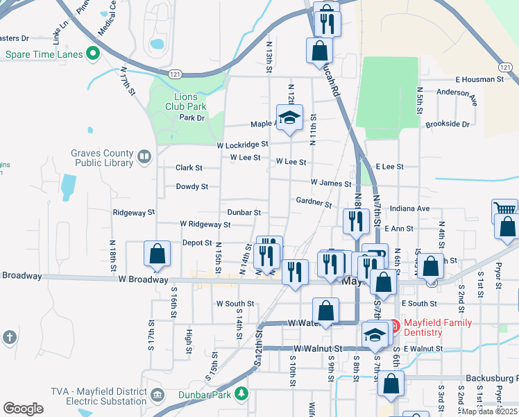 map of restaurants, bars, coffee shops, grocery stores, and more near 401-499 North 13th Street in Mayfield