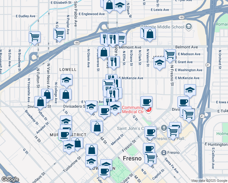 map of restaurants, bars, coffee shops, grocery stores, and more near 205 North Abby Street in Fresno