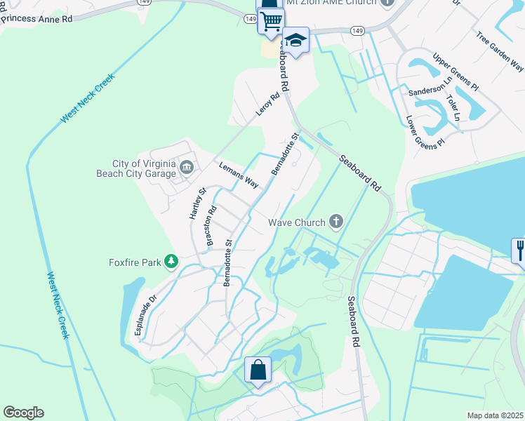 map of restaurants, bars, coffee shops, grocery stores, and more near 2404 Bernadotte Court in Virginia Beach