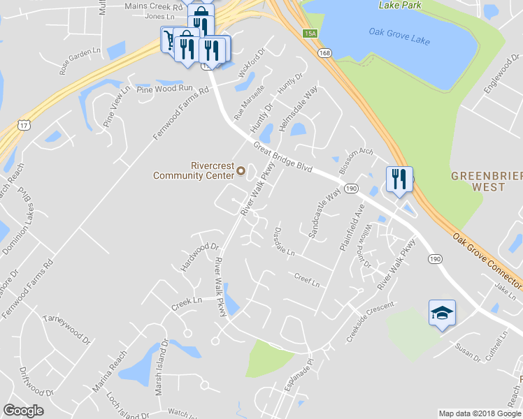 map of restaurants, bars, coffee shops, grocery stores, and more near 773 Rapidan River Court in Chesapeake