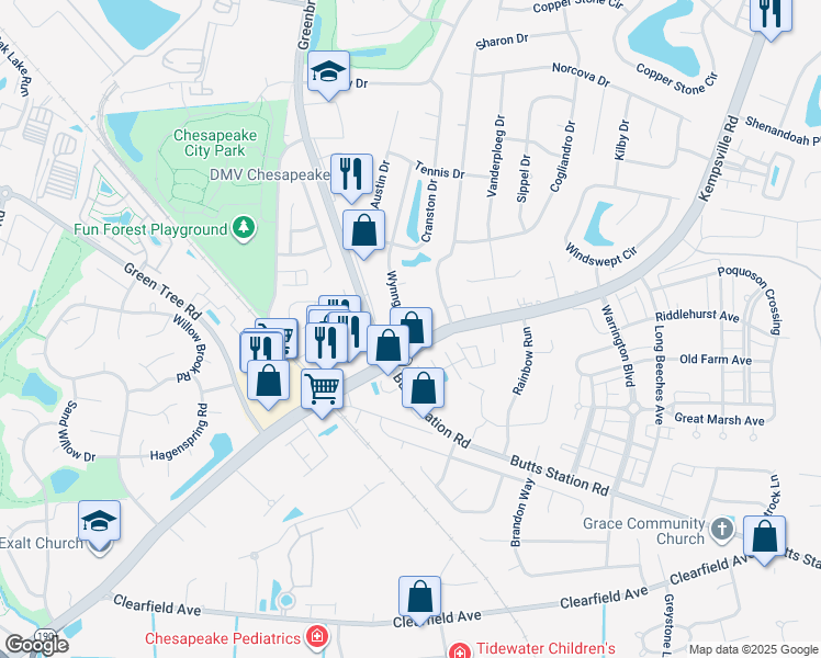map of restaurants, bars, coffee shops, grocery stores, and more near 905 Wynngate Drive in Chesapeake