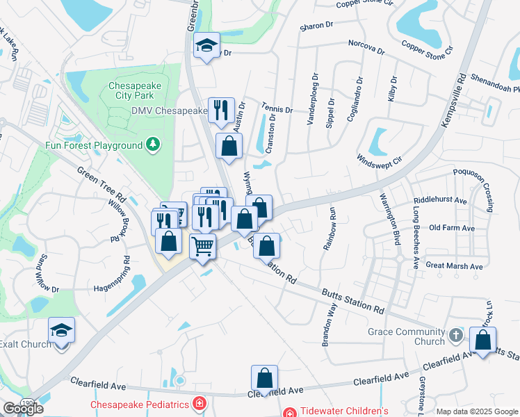 map of restaurants, bars, coffee shops, grocery stores, and more near 905 Wynngate Drive in Chesapeake