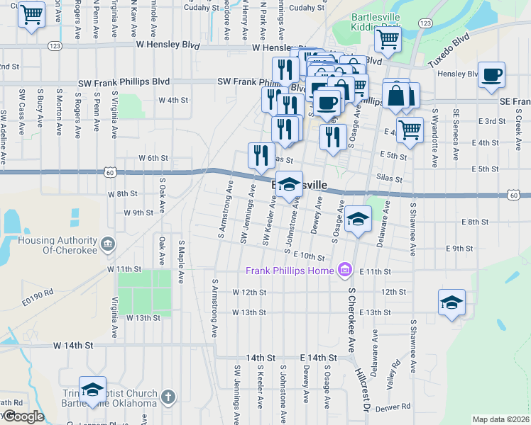 map of restaurants, bars, coffee shops, grocery stores, and more near 809 South Keeler Avenue in Bartlesville