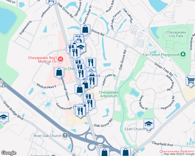 map of restaurants, bars, coffee shops, grocery stores, and more near 712 Shadowberry Crest in Chesapeake