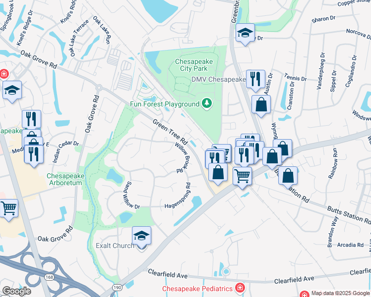 map of restaurants, bars, coffee shops, grocery stores, and more near 720 Willow Brook Road in Chesapeake