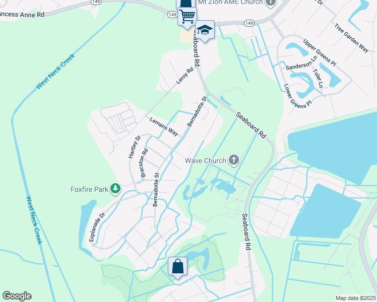 map of restaurants, bars, coffee shops, grocery stores, and more near 2428 Bernadotte Court in Virginia Beach