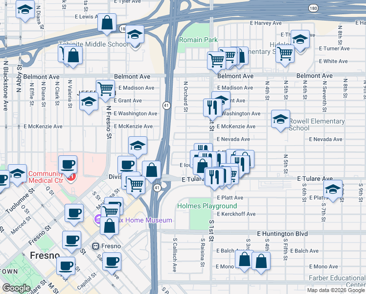 map of restaurants, bars, coffee shops, grocery stores, and more near 221 North Orchard Street in Fresno