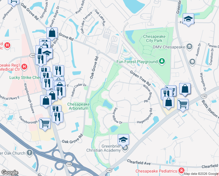 map of restaurants, bars, coffee shops, grocery stores, and more near 648 Hidden Falls Lane in Chesapeake