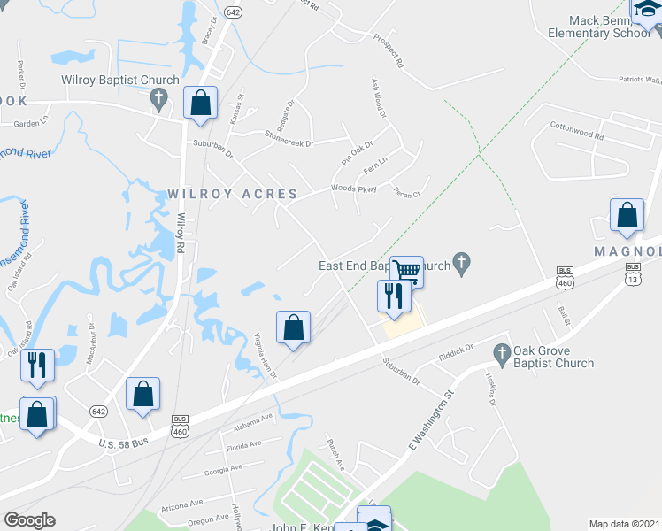 map of restaurants, bars, coffee shops, grocery stores, and more near 226 Suburban Drive in Suffolk