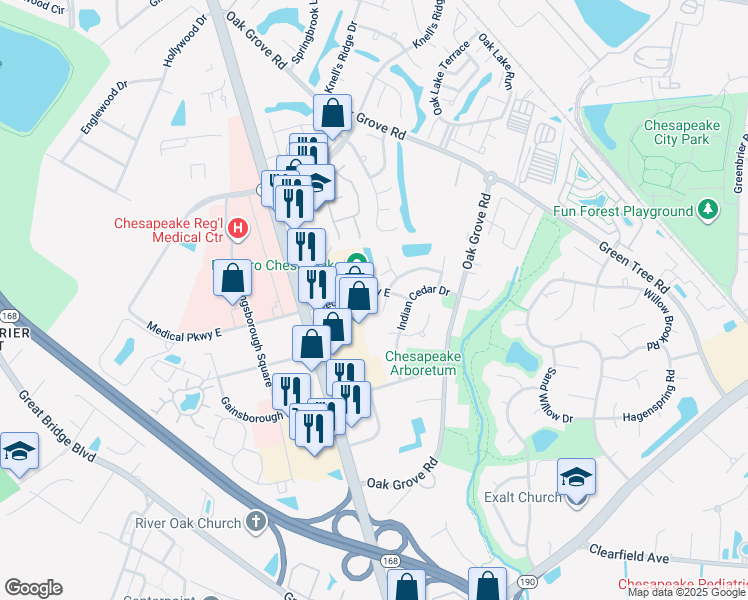 map of restaurants, bars, coffee shops, grocery stores, and more near 712 Shadowberry Crest in Chesapeake