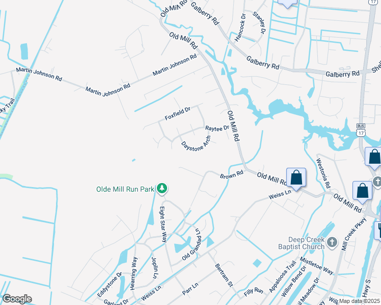 map of restaurants, bars, coffee shops, grocery stores, and more near 3312 Daystone Arch in Chesapeake