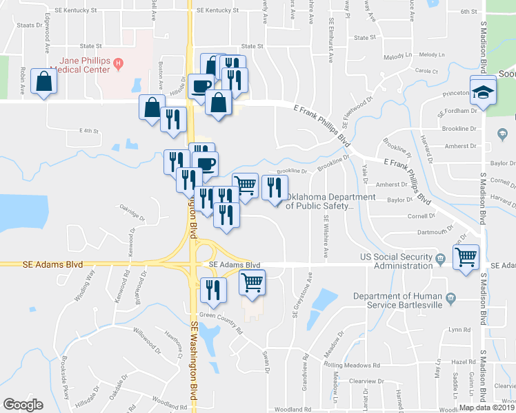 map of restaurants, bars, coffee shops, grocery stores, and more near 3900 Southeast Adams Road in Bartlesville