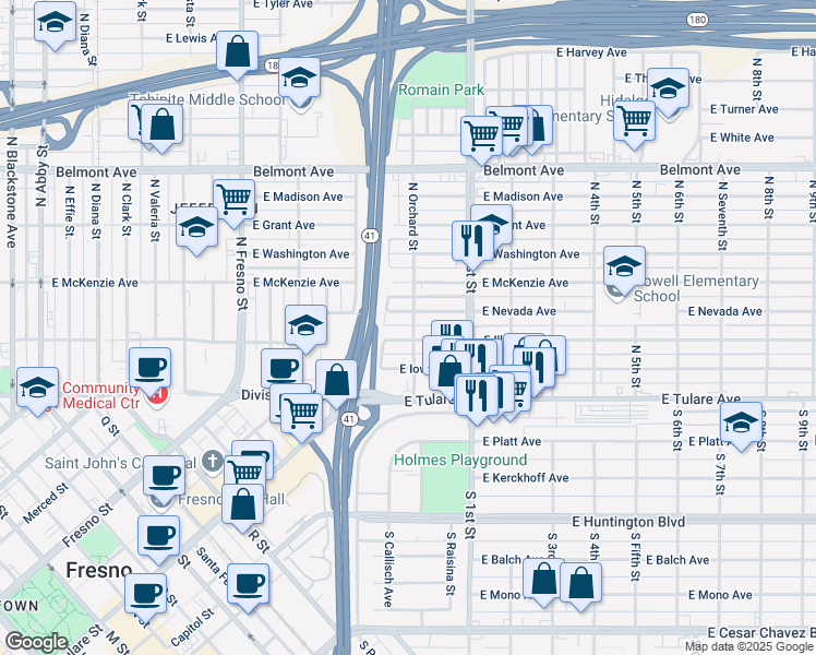 map of restaurants, bars, coffee shops, grocery stores, and more near 221 North Orchard Street in Fresno