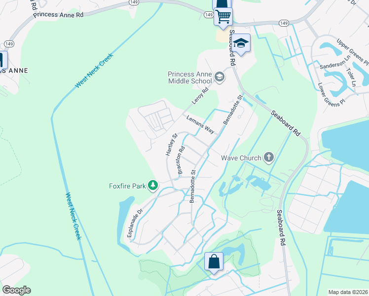 map of restaurants, bars, coffee shops, grocery stores, and more near 2635 Bracston Road in Virginia Beach