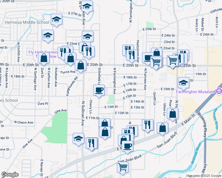 map of restaurants, bars, coffee shops, grocery stores, and more near 1631 Farmington Avenue in Farmington