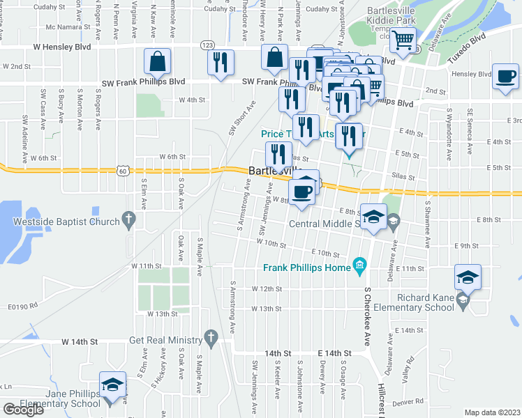 map of restaurants, bars, coffee shops, grocery stores, and more near 815 Southwest Jennings Avenue in Bartlesville