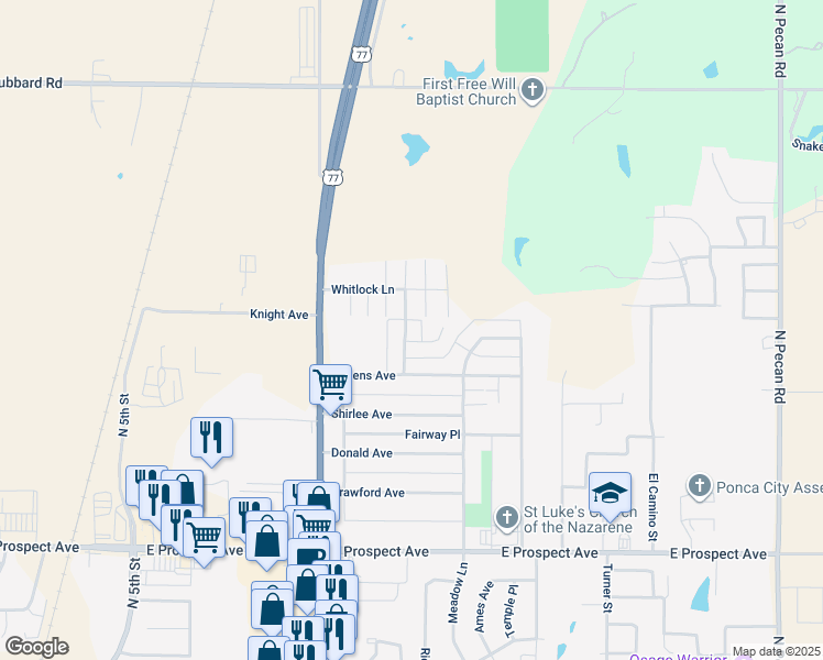 map of restaurants, bars, coffee shops, grocery stores, and more near 3413 Crown Street in Ponca City