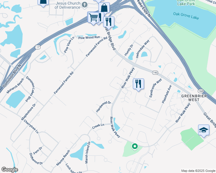 map of restaurants, bars, coffee shops, grocery stores, and more near 863 Rivanna River Reach in Chesapeake