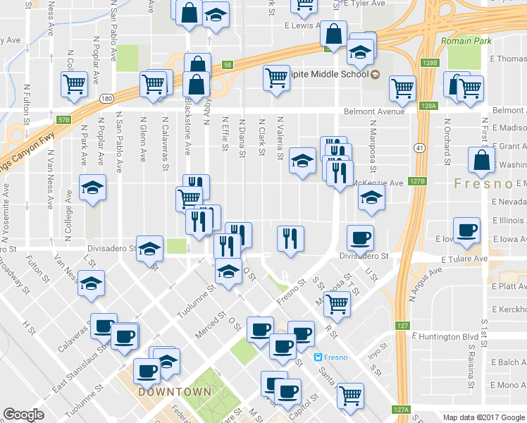 map of restaurants, bars, coffee shops, grocery stores, and more near 214 N Clark St in Fresno