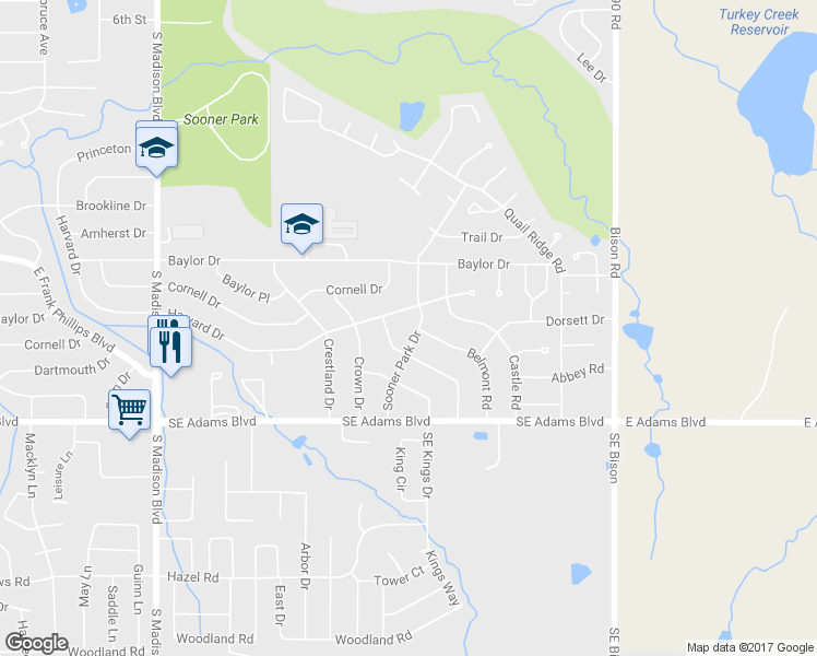 map of restaurants, bars, coffee shops, grocery stores, and more near 701 Sooner Park Drive in Bartlesville
