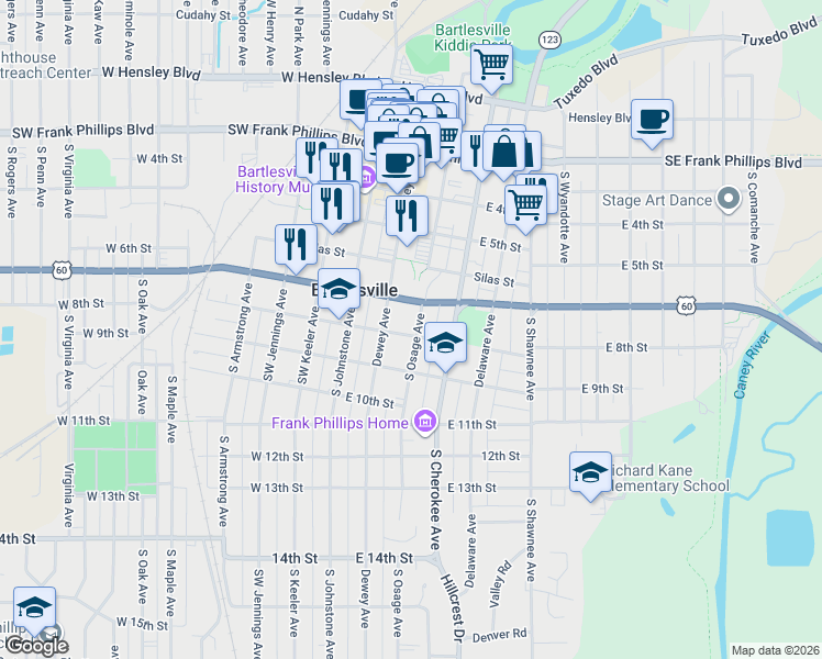 map of restaurants, bars, coffee shops, grocery stores, and more near 723 South Osage Avenue in Bartlesville