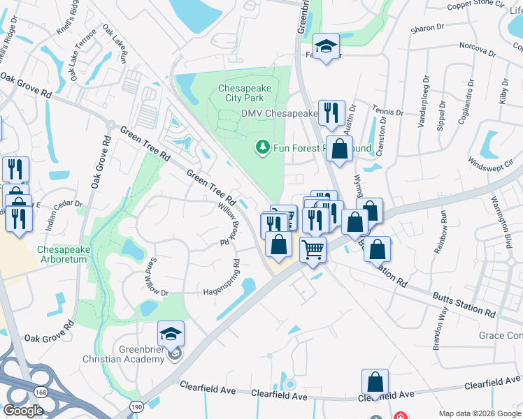 map of restaurants, bars, coffee shops, grocery stores, and more near 706 Lacy Oak Drive in Chesapeake