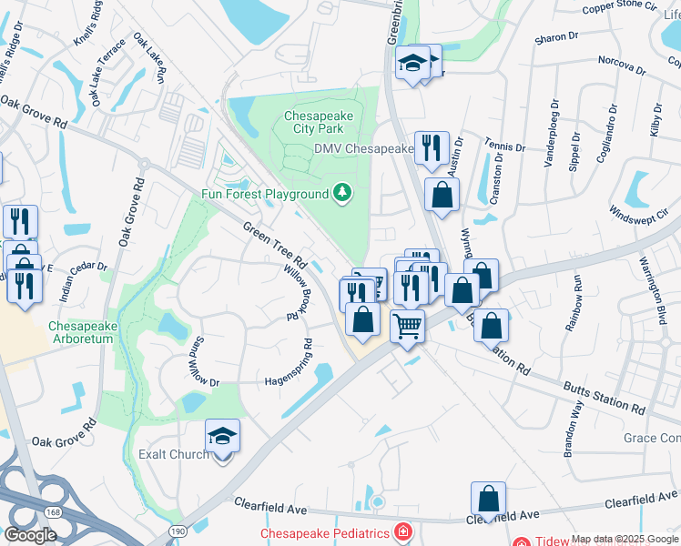 map of restaurants, bars, coffee shops, grocery stores, and more near 706 Lacy Oak Drive in Chesapeake